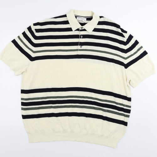 Autograph Mens Ivory Collared Striped Cotton Pullover Jumper Size 4XL Short Sleeve
