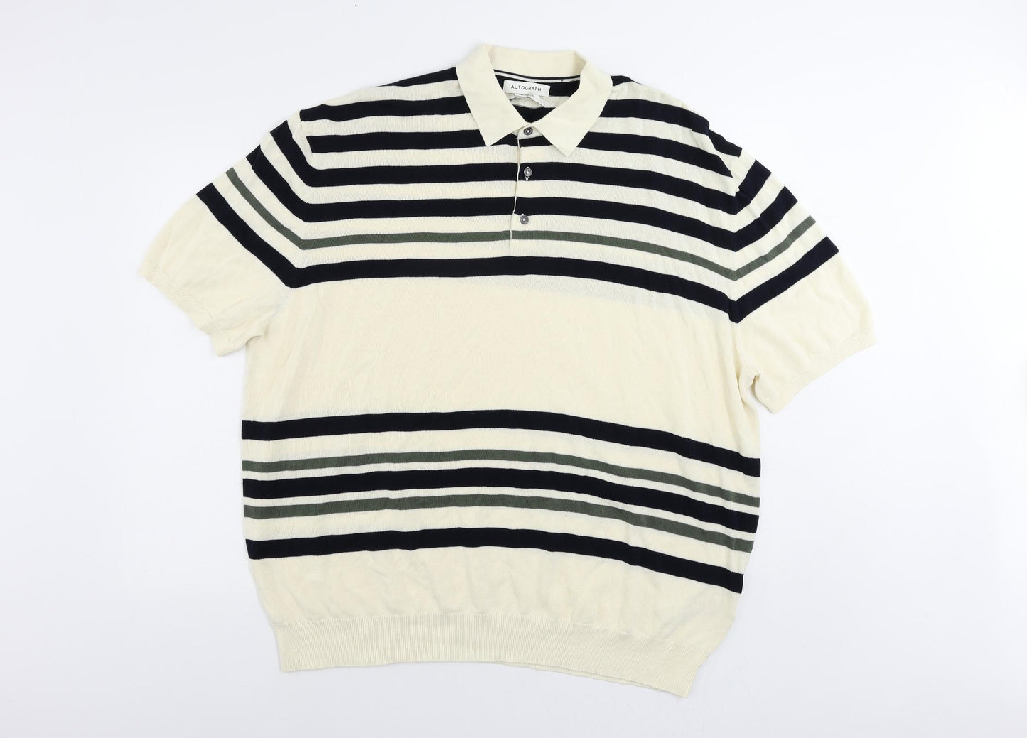 Autograph Mens Ivory Collared Striped Cotton Pullover Jumper Size 4XL Short Sleeve