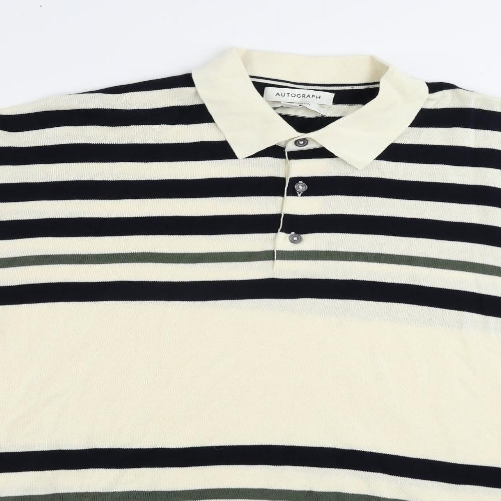 Autograph Mens Ivory Collared Striped Cotton Pullover Jumper Size 4XL Short Sleeve