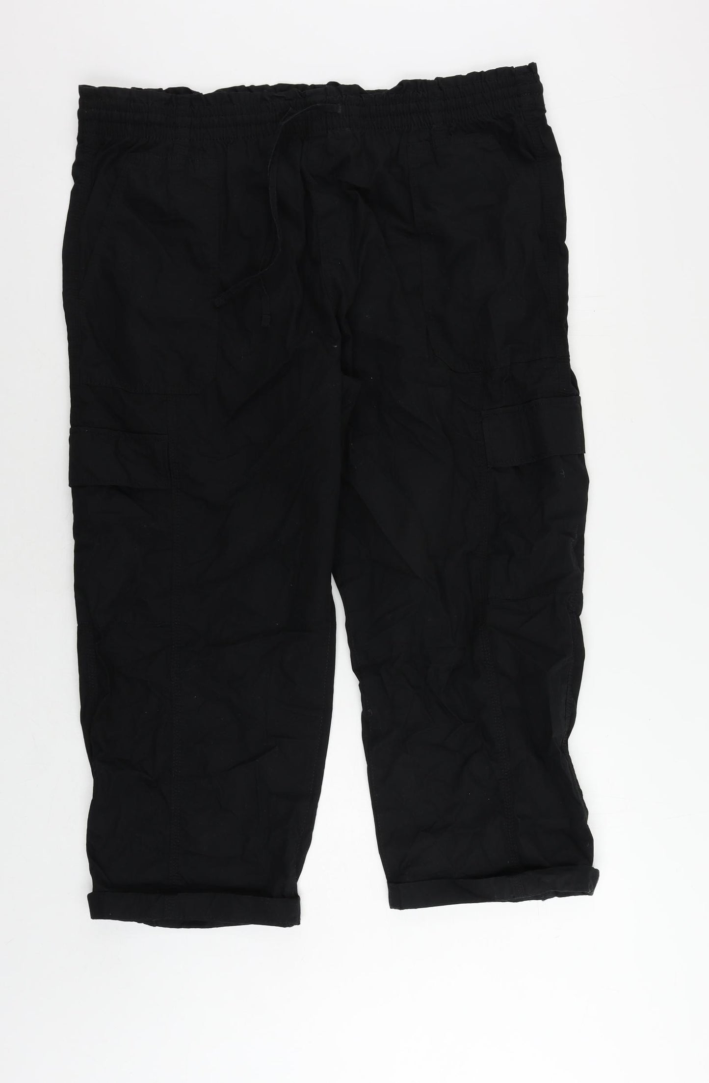 Marks and Spencer Womens Black Cotton Trousers Size 20 L25 in Regular Drawstring - Elastic Waist