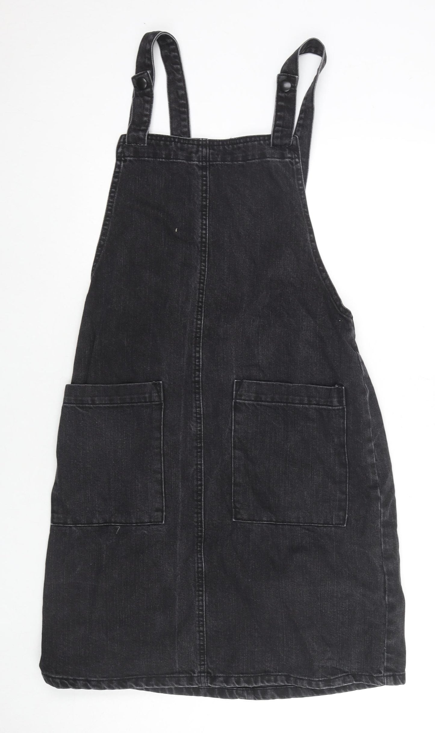 ASOS Womens Black Cotton Pinafore/Dungaree Dress Size 12 Square Neck Button