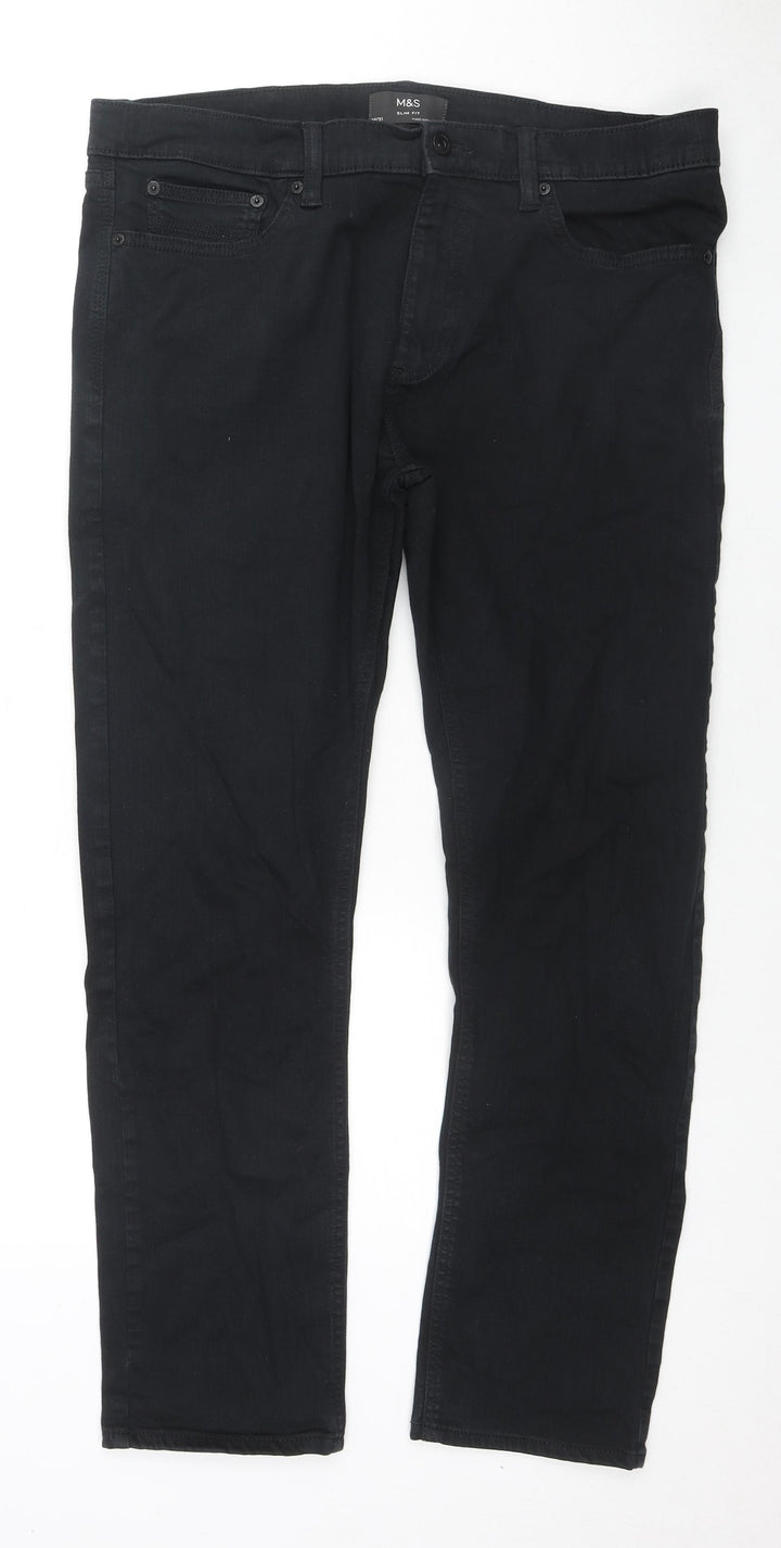 Marks and Spencer Womens Black Cotton Straight Jeans Size 36 in L31 in Regular Zip