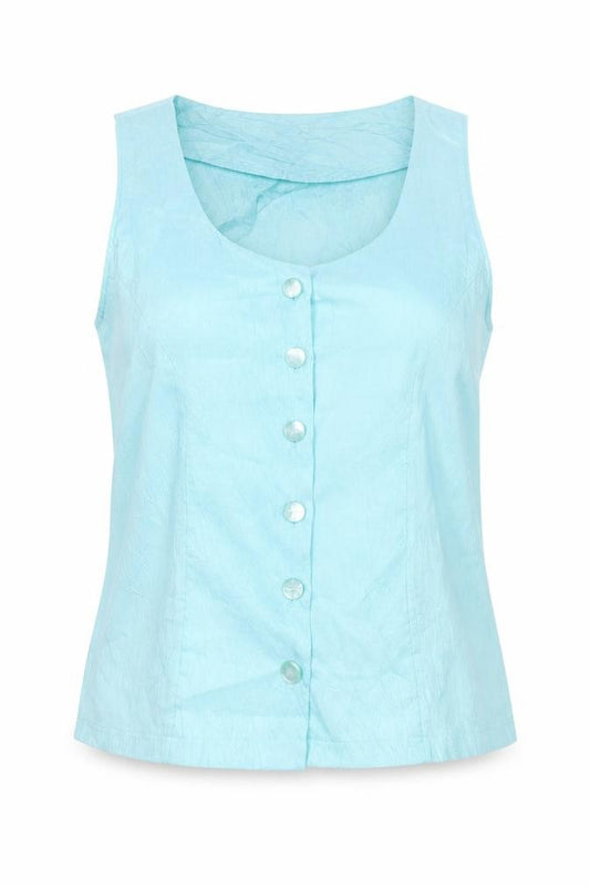 Front view of Charnos women’s blue polyester basic button-up, size UK 12, scoop neck