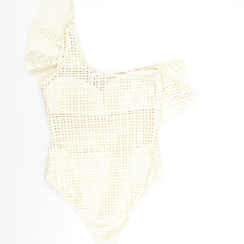 Evarae Womens Beige Geometric Polyester One Piece Size S - Cut Out Detail One Sleeve