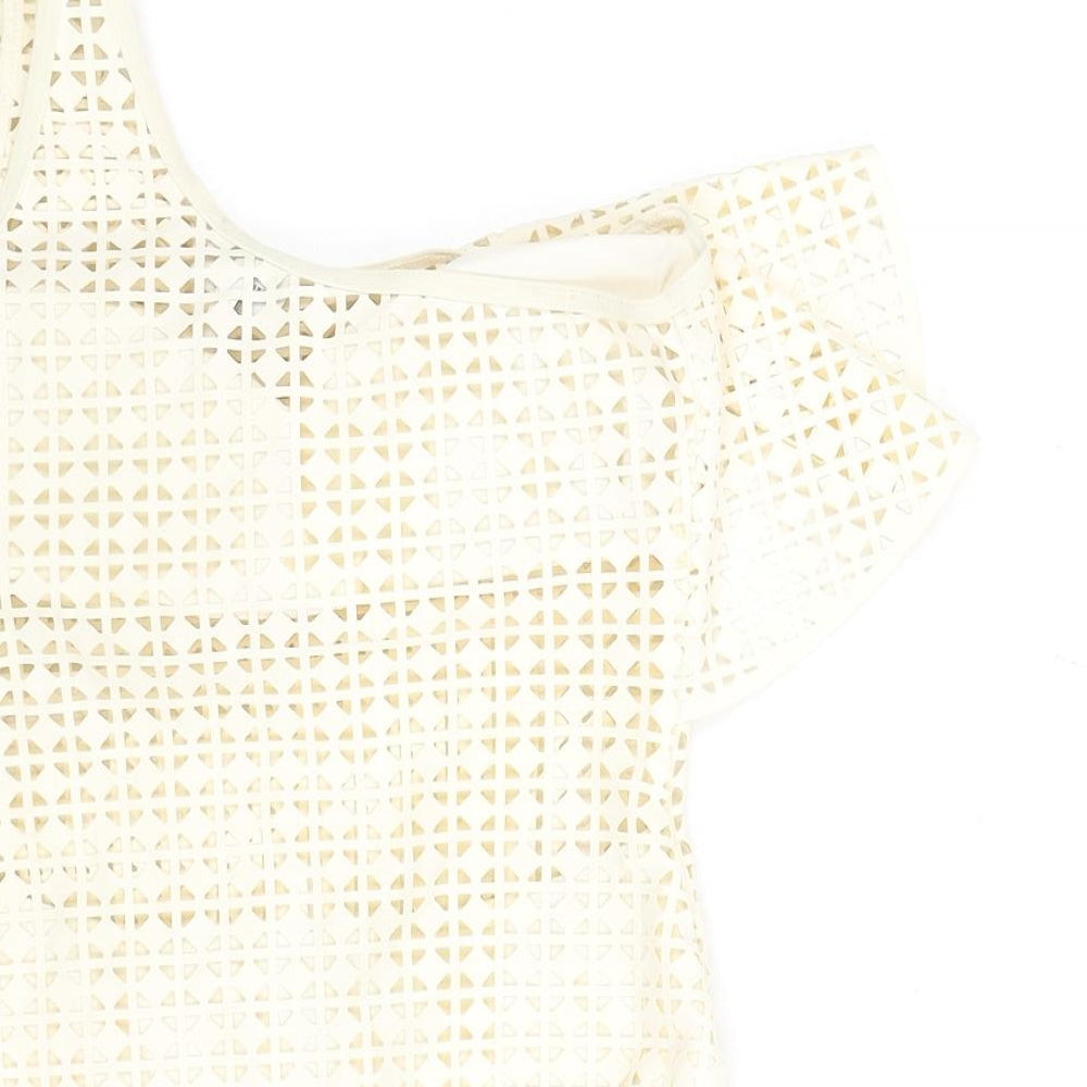 Evarae Womens Beige Geometric Polyester One Piece Size S - Cut Out Detail One Sleeve