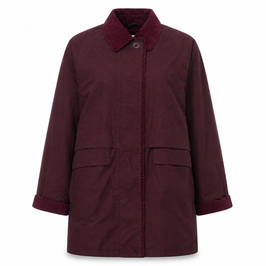 Front view of St Bernard women’s red parka jacket, size UK 14, button
