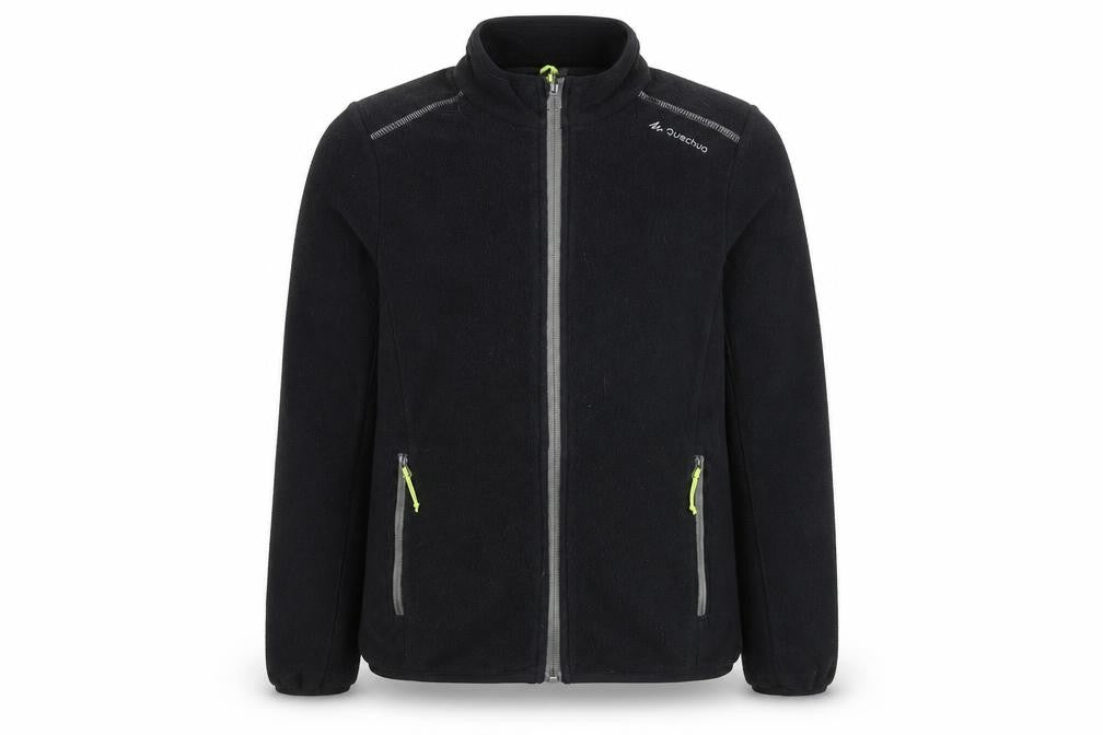 Front view of Decathlon boys’ black jacket, size 12, years zip