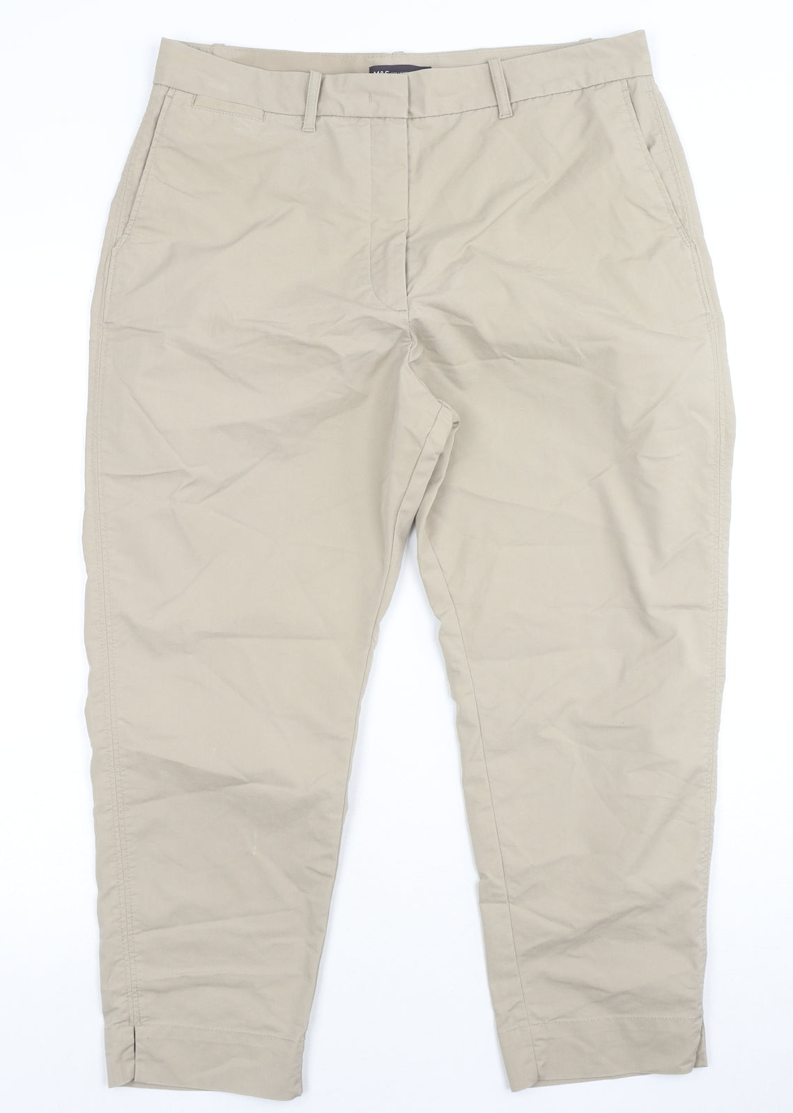 Marks and Spencer Womens Beige Cotton Cropped Trousers Size 16 L24 in Regular Zip