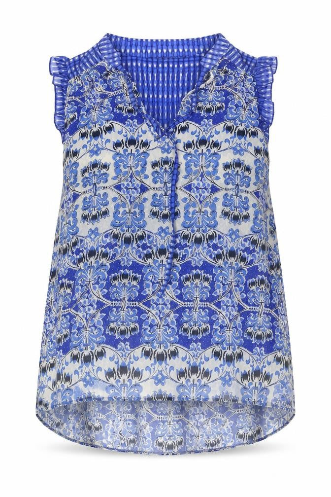 Front view of Dorothy Perkins women’s blue floral polyester basic tank, size UK 10, v-neck