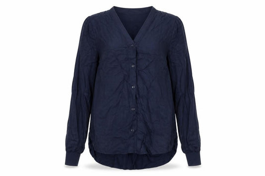 Front view of Autograph women’s blue cupro basic button-up, size UK 6, v-neck
