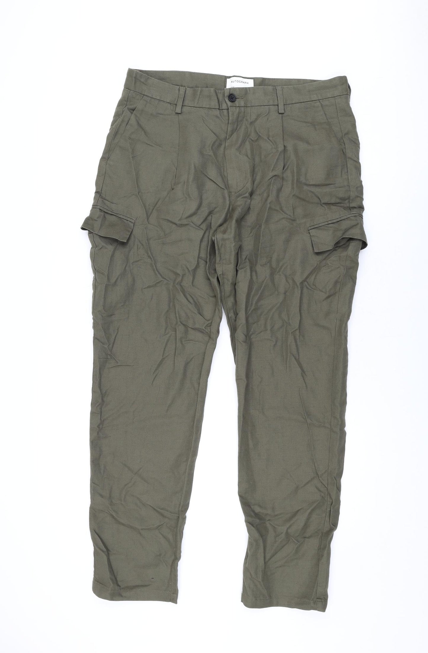 Autograph Mens Green Cotton Cargo Trousers Size 36 in L33 in Regular Zip