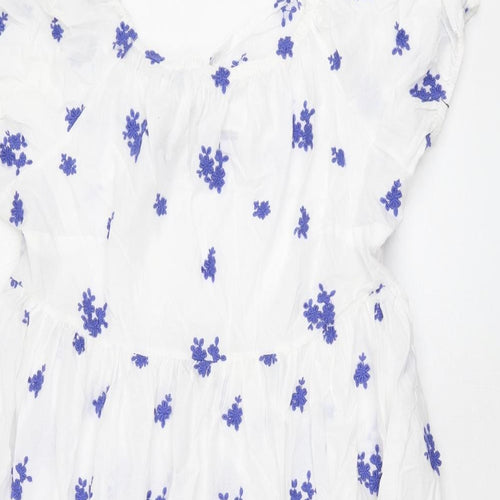 Marks and Spencer Womens White Floral Cotton A-Line Size 24 Scoop Neck Pullover