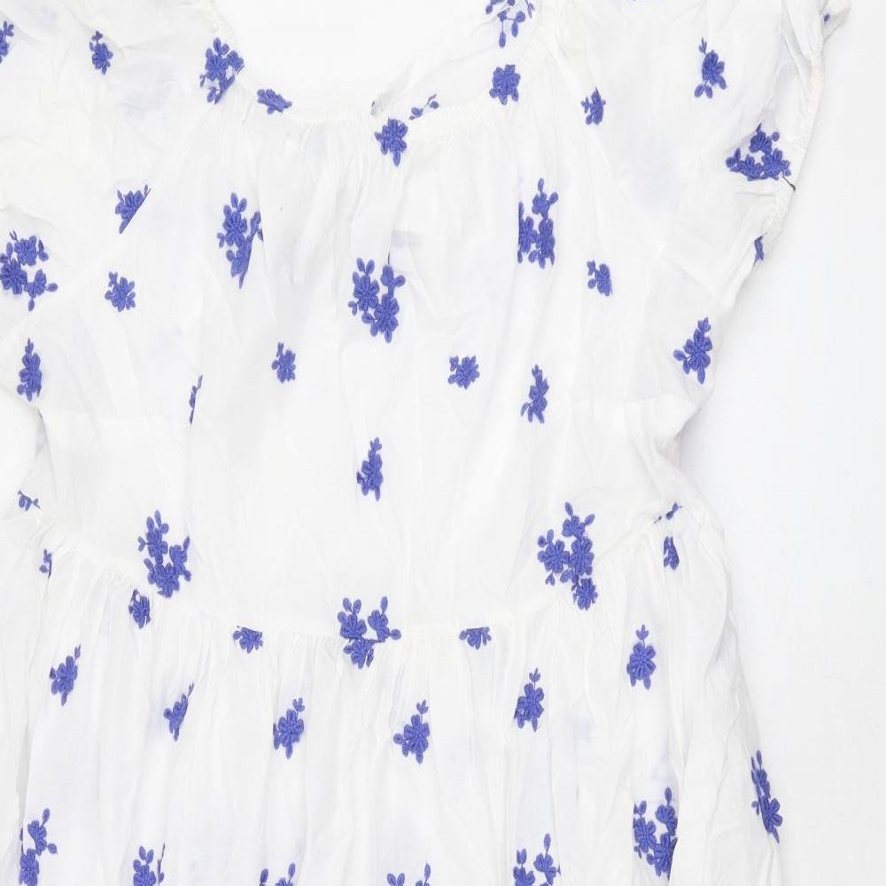 Marks and Spencer Womens White Floral Cotton A-Line Size 24 Scoop Neck Pullover