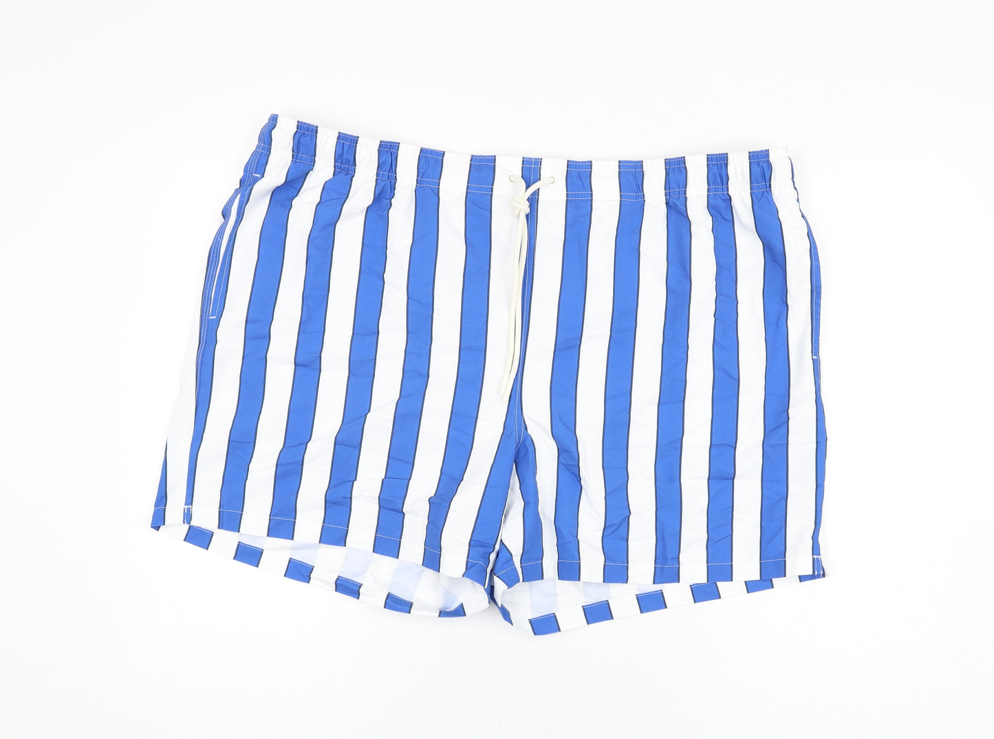 Marks and Spencer Mens White Striped Polyester Bermuda Shorts Size 3XL Regular Drawstring - Swim Shorts