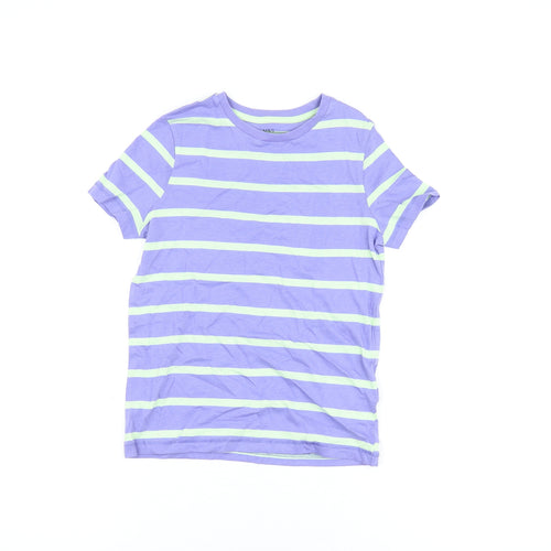 Marks and Spencer Boys Purple Striped Cotton Basic T-Shirt Size 6-7 Years Round Neck Pullover