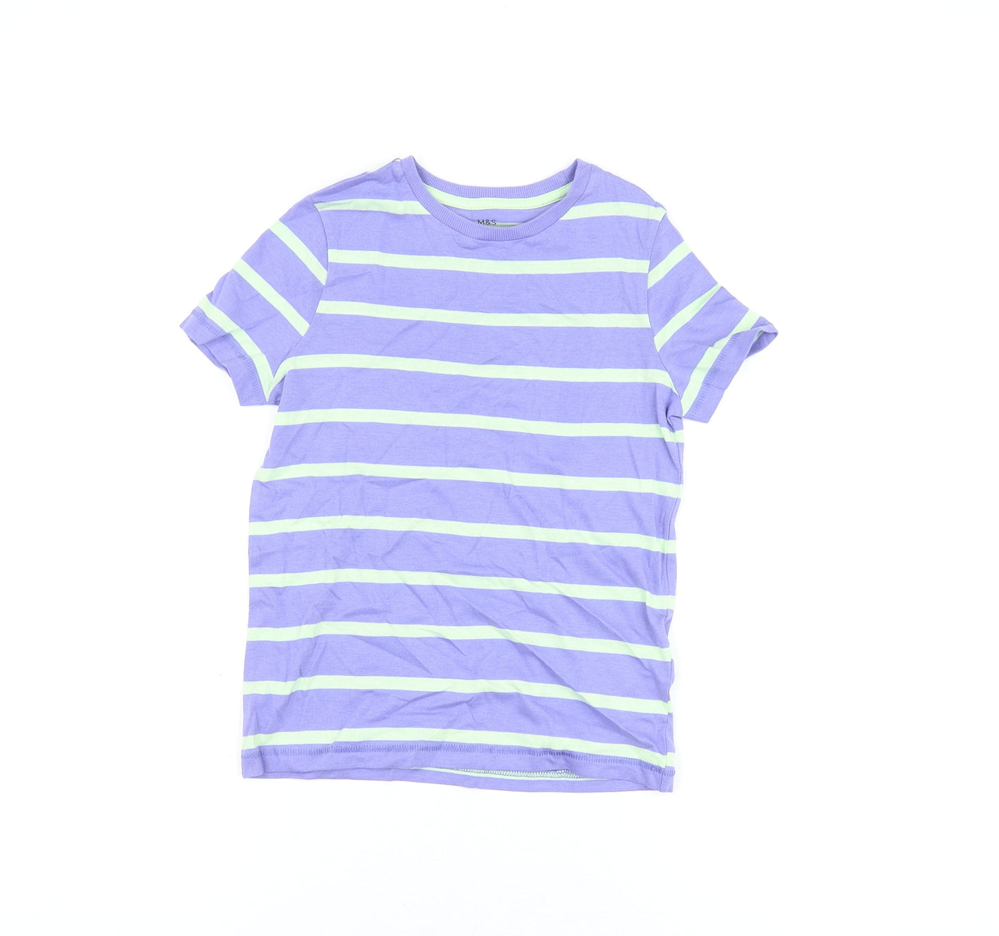 Marks and Spencer Boys Purple Striped Cotton Basic T-Shirt Size 6-7 Years Round Neck Pullover