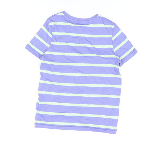 Marks and Spencer Boys Purple Striped Cotton Basic T-Shirt Size 6-7 Years Round Neck Pullover