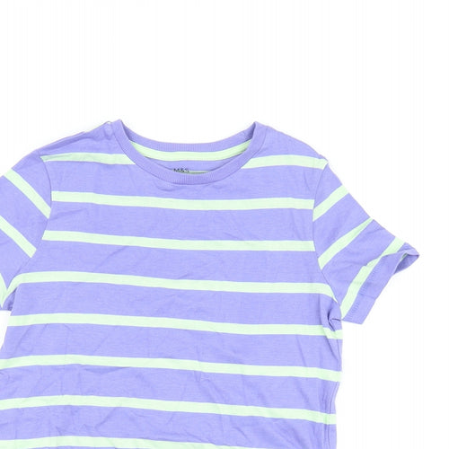 Marks and Spencer Boys Purple Striped Cotton Basic T-Shirt Size 6-7 Years Round Neck Pullover