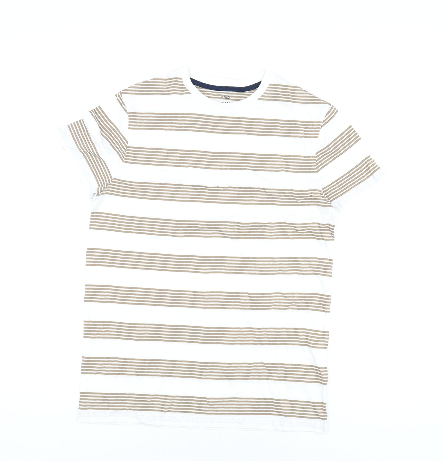 Marks and Spencer Boys White Striped Cotton Basic T-Shirt Size 12-13 Years Round Neck Pullover