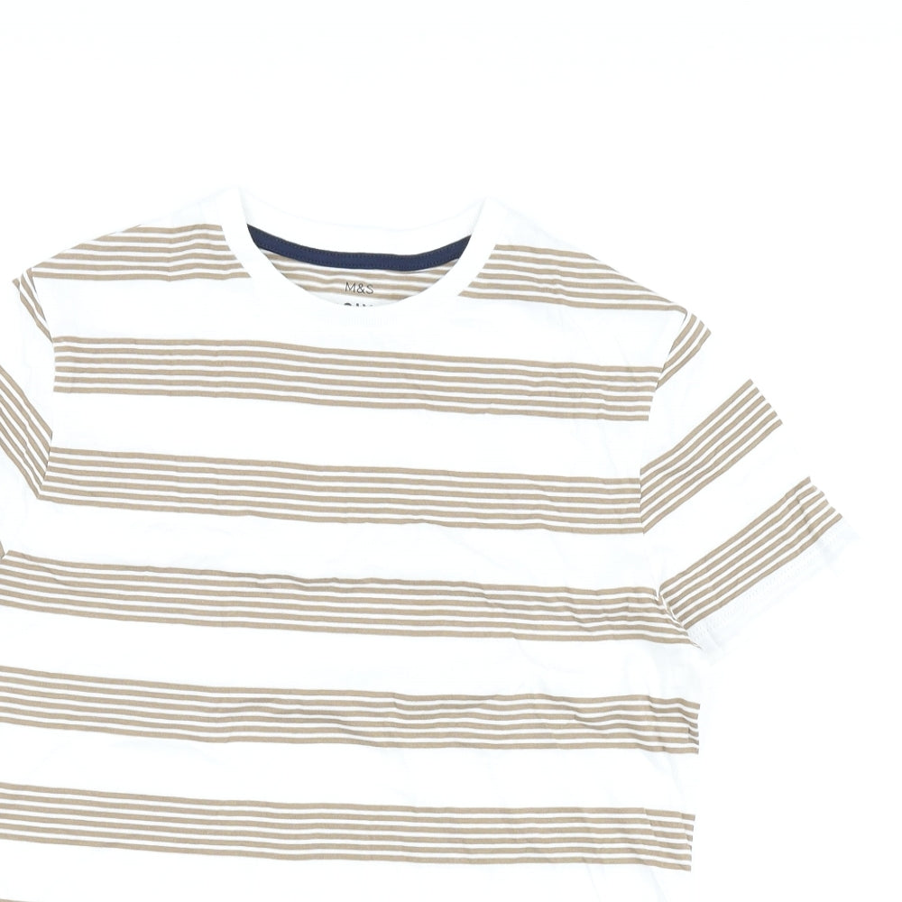 Marks and Spencer Boys White Striped Cotton Basic T-Shirt Size 12-13 Years Round Neck Pullover