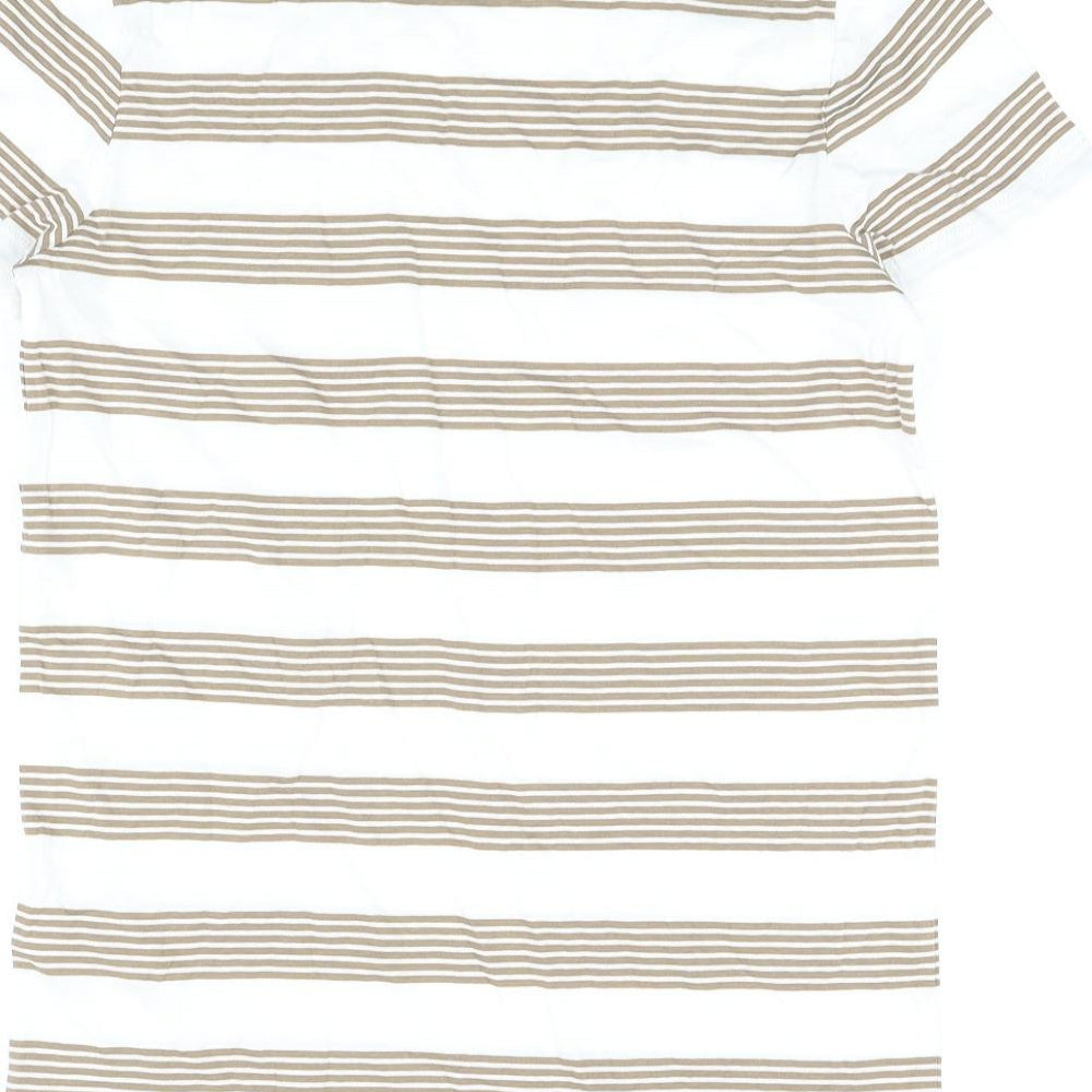 Marks and Spencer Boys White Striped Cotton Basic T-Shirt Size 12-13 Years Round Neck Pullover