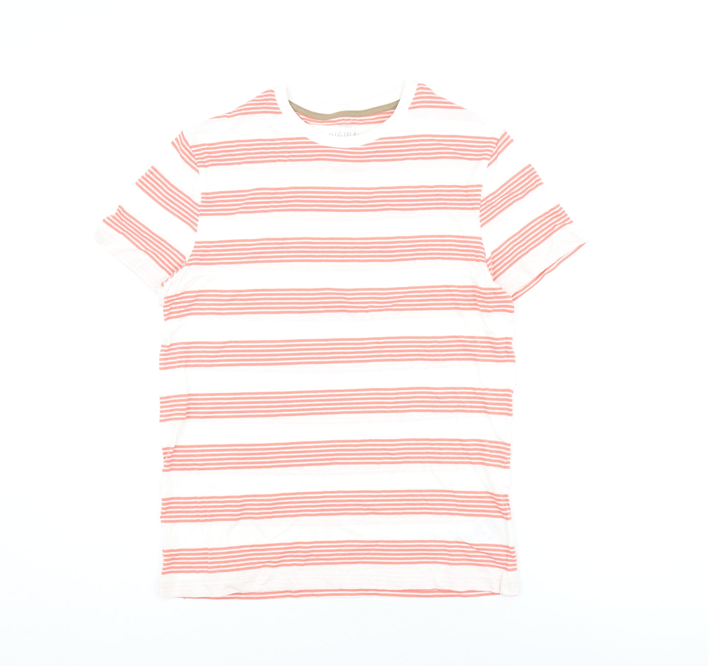 Marks and Spencer Boys White Striped Cotton Basic T-Shirt Size 12-13 Years Round Neck Pullover