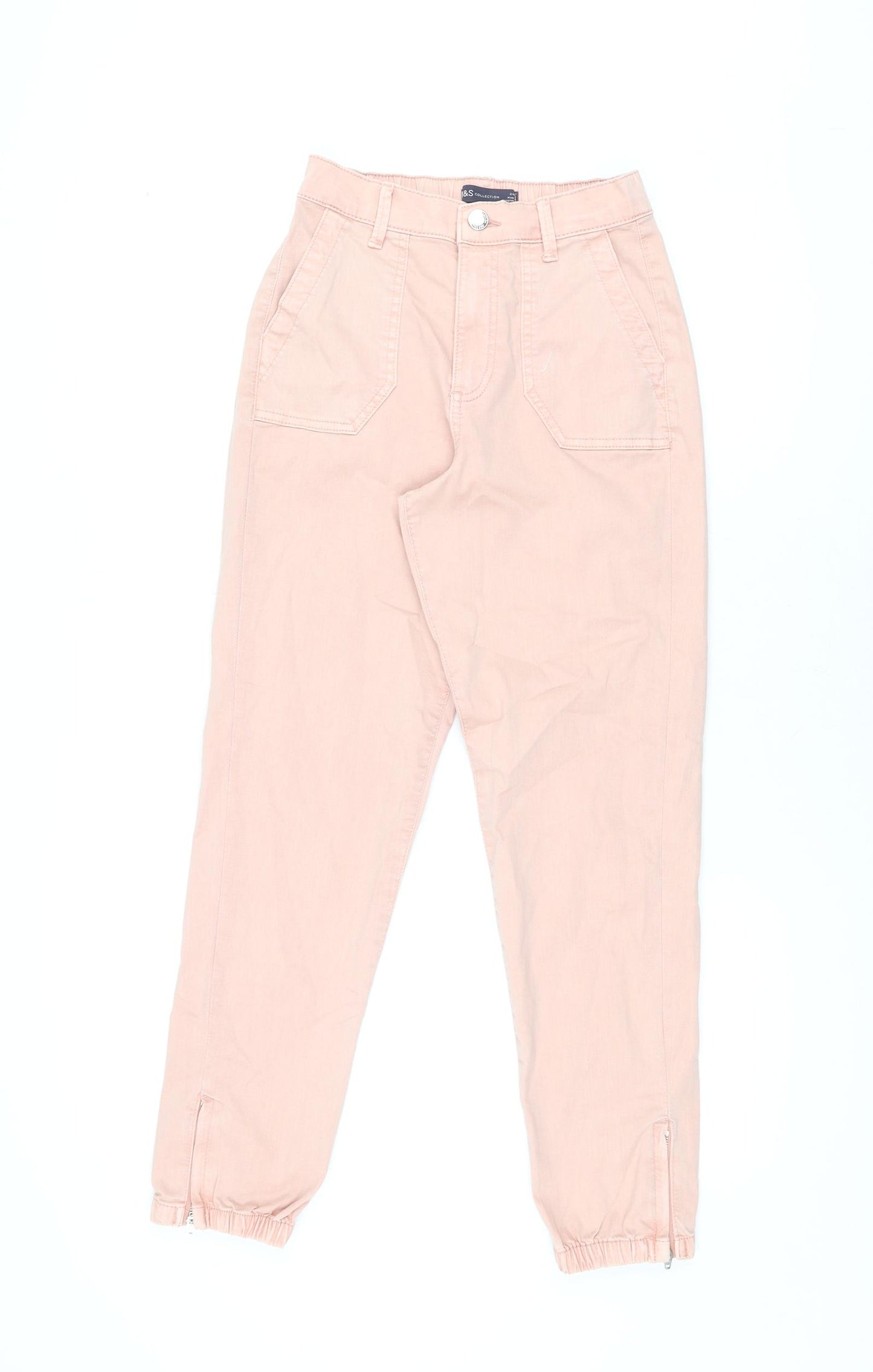 Marks and Spencer Womens Pink Cotton Trousers Size 6 L28 in Regular Zip