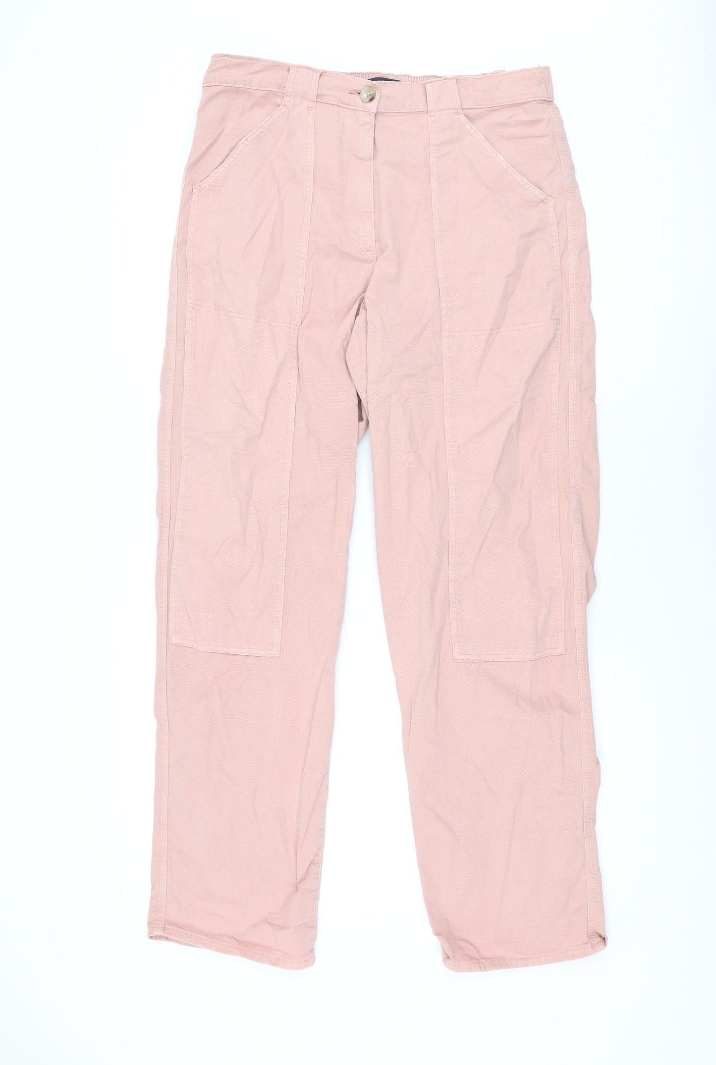 Marks and Spencer Womens Pink Cotton Trousers Size 16 L32 in Regular Zip