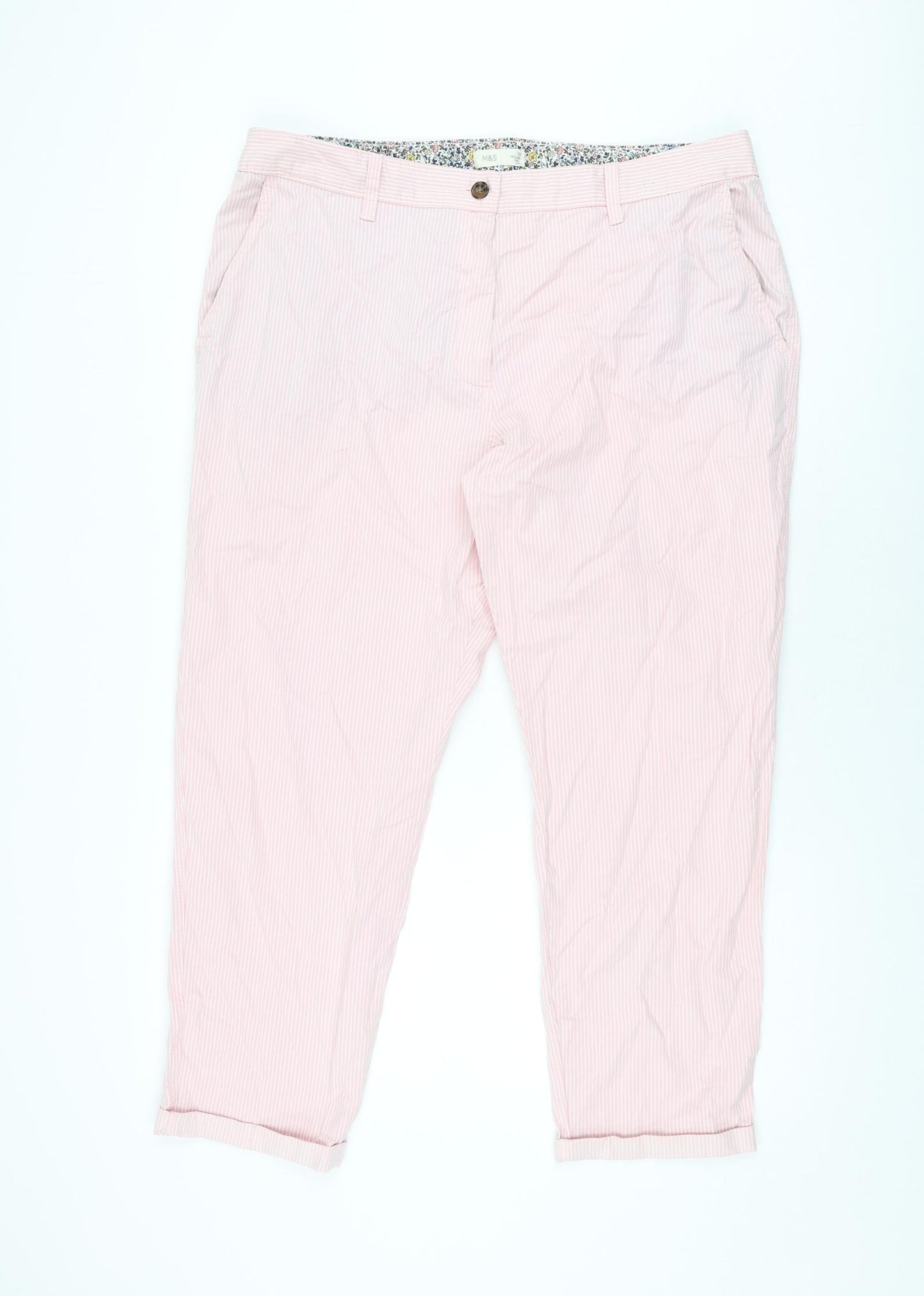 Marks and Spencer Womens Pink Striped Cotton Chino Trousers Size 18 L27 in Regular Zip