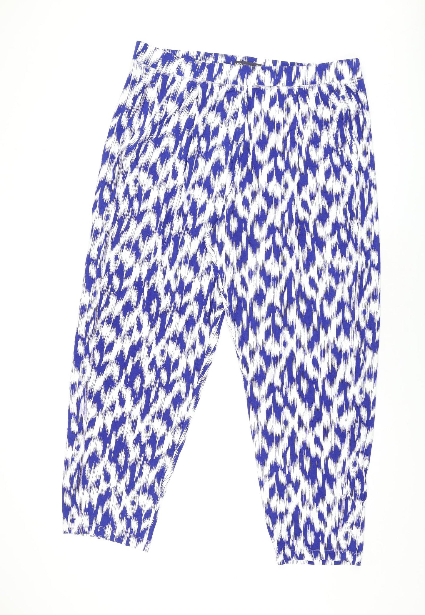 Marks and Spencer Womens Blue Geometric Viscose Trousers Size 20 L29 in Regular