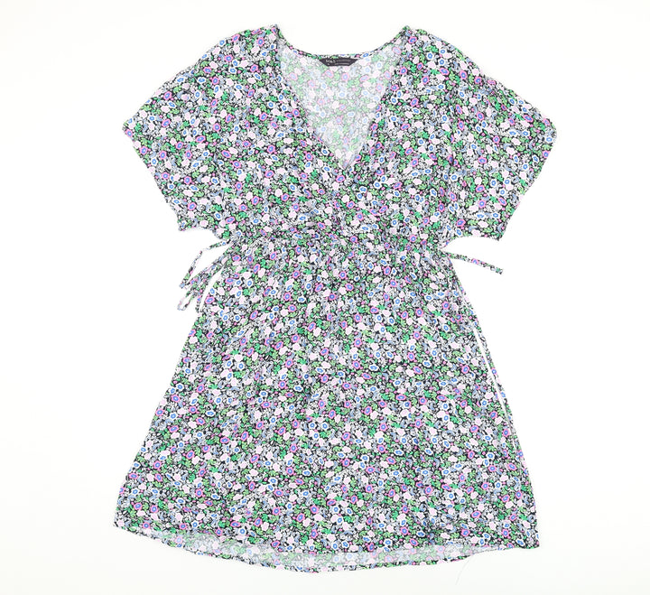 Marks and Spencer Womens Multicoloured Floral Viscose Skater Dress Size 10 V-Neck Pullover