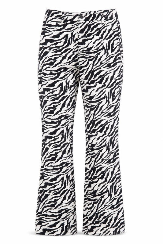 Front view of Motel Rocks women’s white animal print cotton bootcut jeans, size XS, 31-inch leg regular zip - zebra print