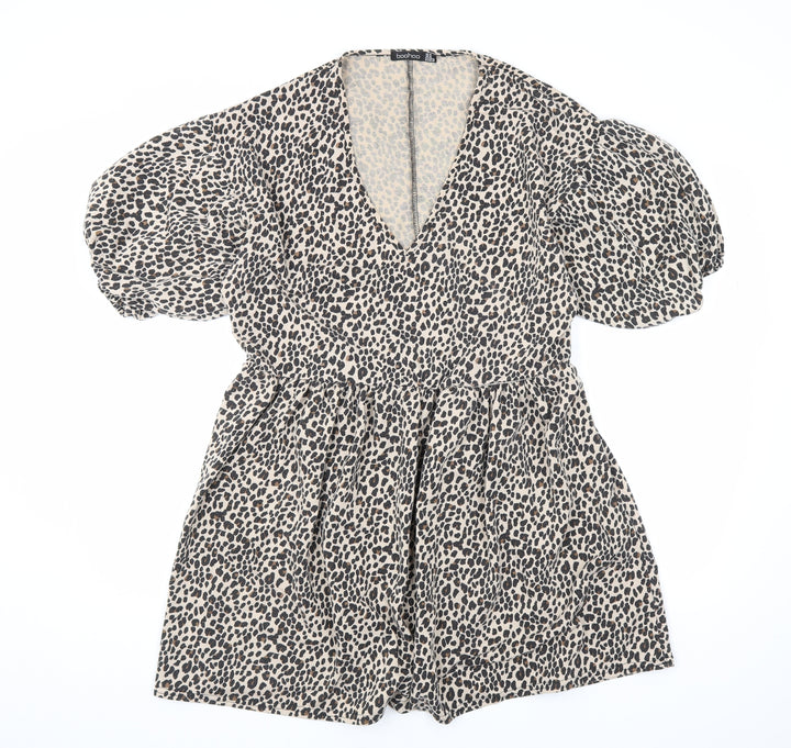 Boohoo Womens Beige Animal Print Polyester A-Line Size 18 V-Neck Pullover