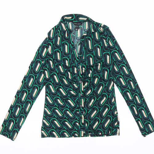 New Look Womens Green Geometric Polyester Basic Button-Up Size 6 Collared