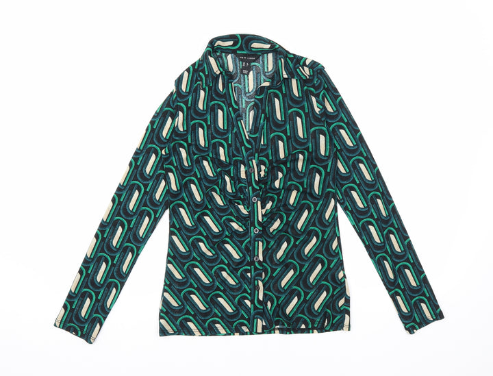New Look Womens Green Geometric Polyester Basic Button-Up Size 6 Collared