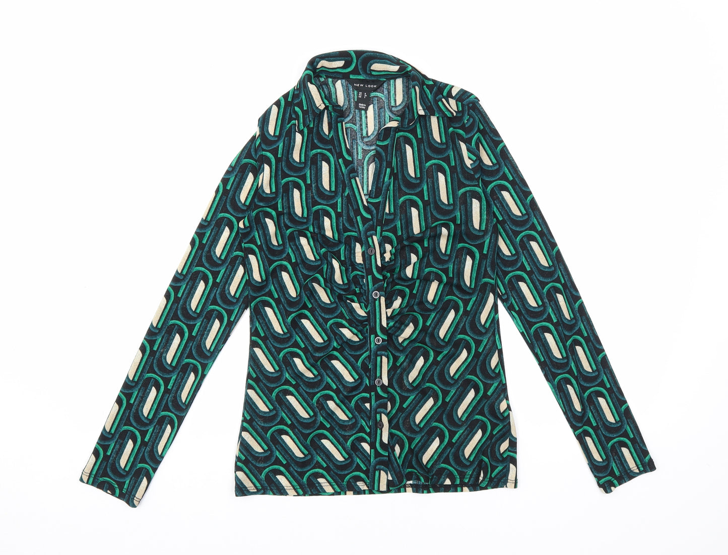New Look Womens Green Geometric Polyester Basic Button-Up Size 6 Collared