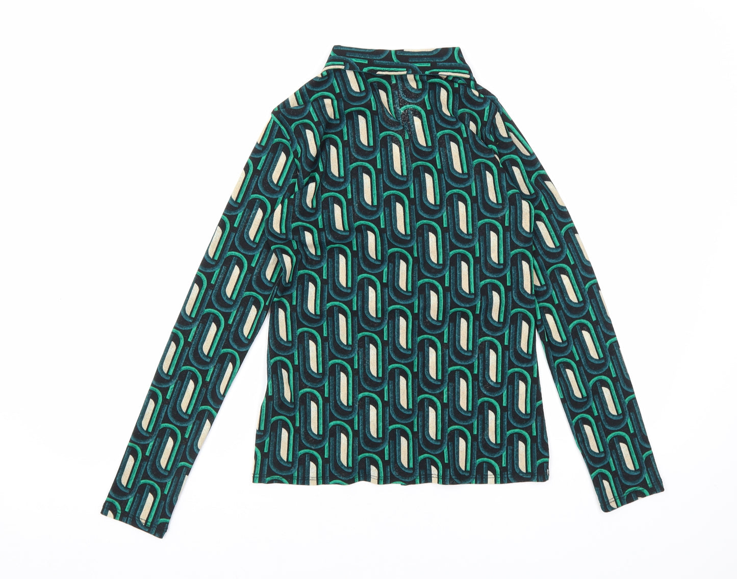 New Look Womens Green Geometric Polyester Basic Button-Up Size 6 Collared