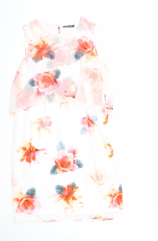 Front view of Bonmarché women’s multicoloured floral polyester a-line, size UK 16, round neck zip