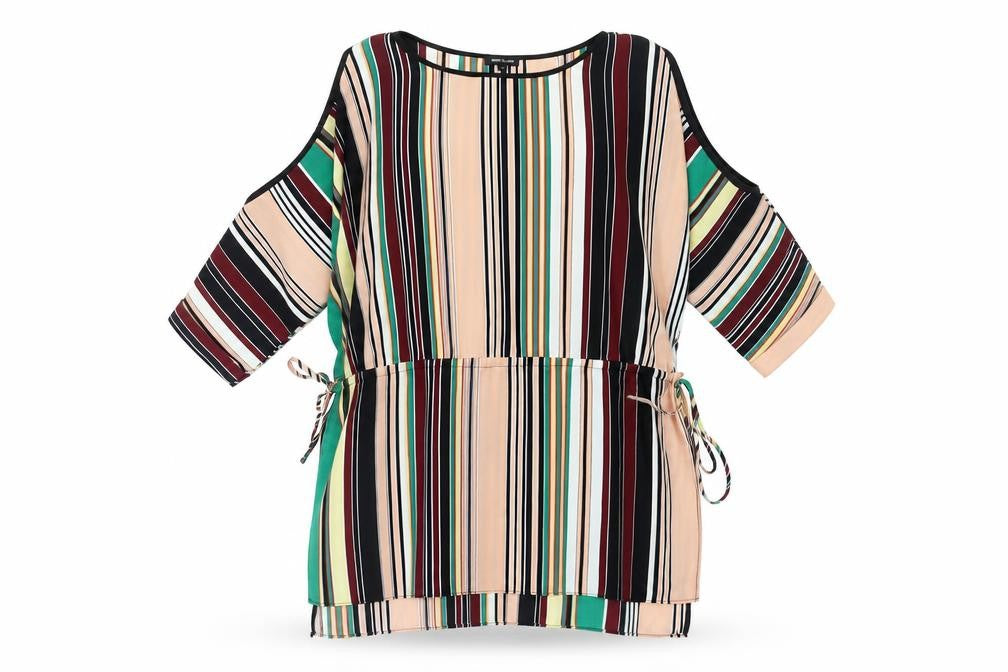 Front view of River Island women’s multicoloured striped polyester basic t-shirt, size UK 6, round neck - cold shoulder