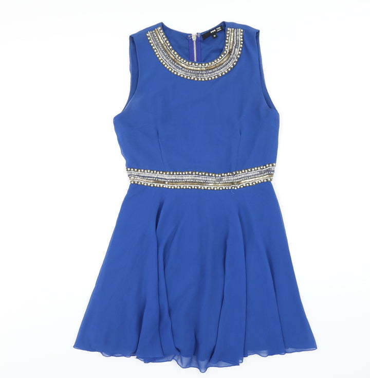 TFNC Womens Blue Polyester A-Line Size M Roll Neck Zip - Beaded Neckline