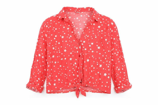 Front view of ASOS women’s red geometric viscose basic button-up, size UK 12, collared
