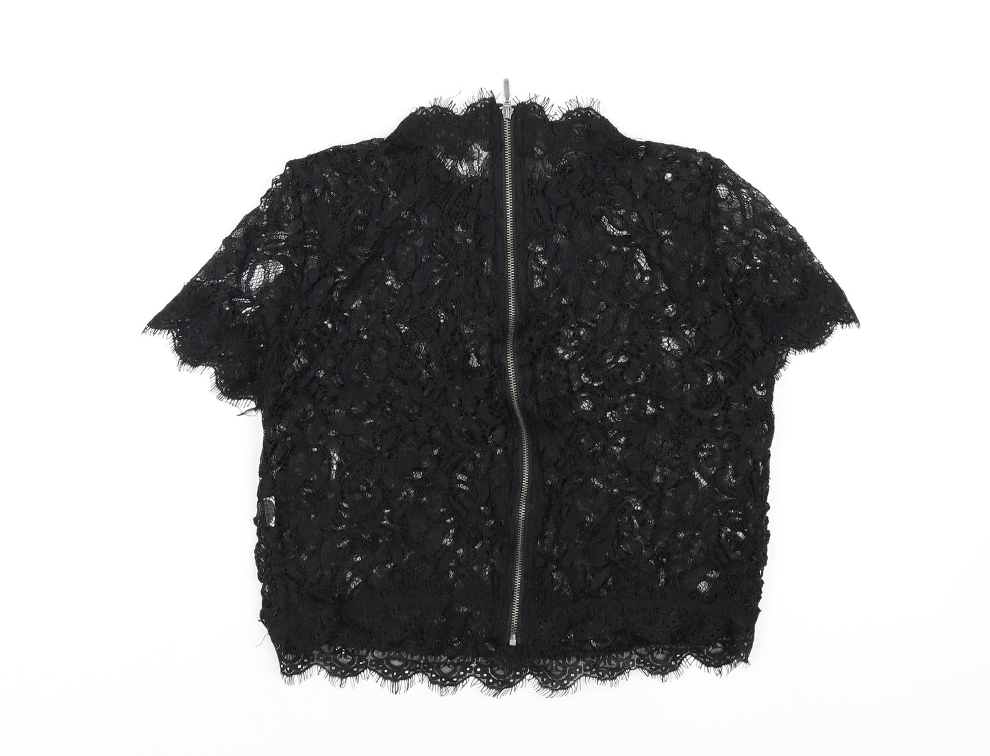 Zara Womens Black Polyester Basic T-Shirt Size S Mock Neck