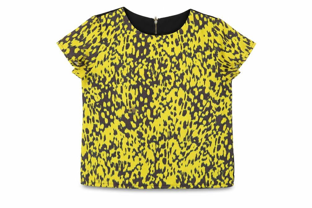 Front view of Hearts & Bows women’s yellow geometric polyester basic t-shirt, size UK 8, round neck