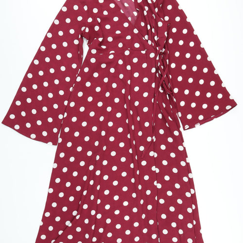 New Look Womens Purple Polka Dot Polyester Wrap Dress Size 8 V-Neck Tie