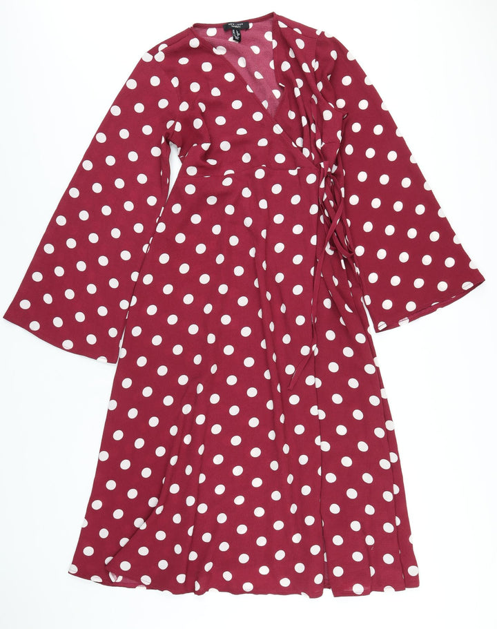 New Look Womens Purple Polka Dot Polyester Wrap Dress Size 8 V-Neck Tie
