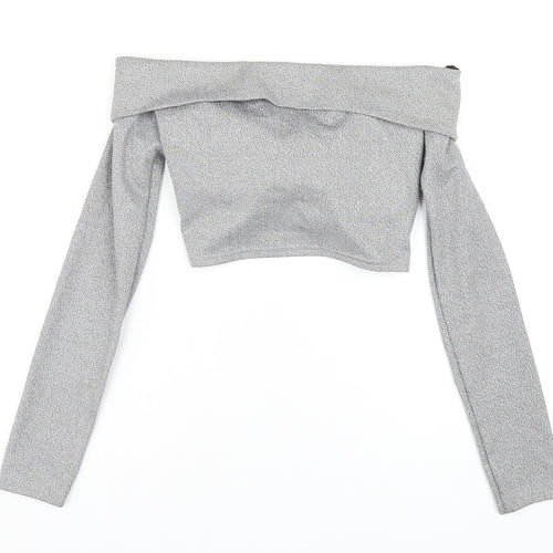 Femme Luxe Womens Silver Polyester Cropped T-Shirt Size 10 Off the Shoulder - `