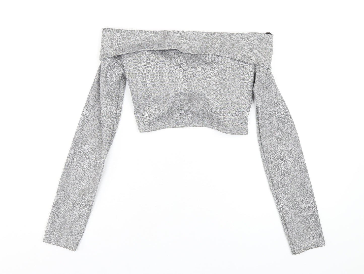 Femme Luxe Womens Silver Polyester Cropped T-Shirt Size 10 Off the Shoulder - `