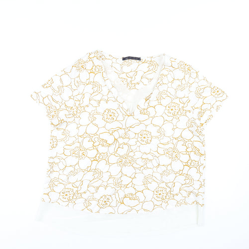 Marks and Spencer Womens White Geometric Viscose Basic T-Shirt Size 14 V-Neck