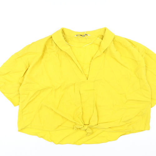 Zara Womens Yellow Viscose Basic T-Shirt Size M V-Neck