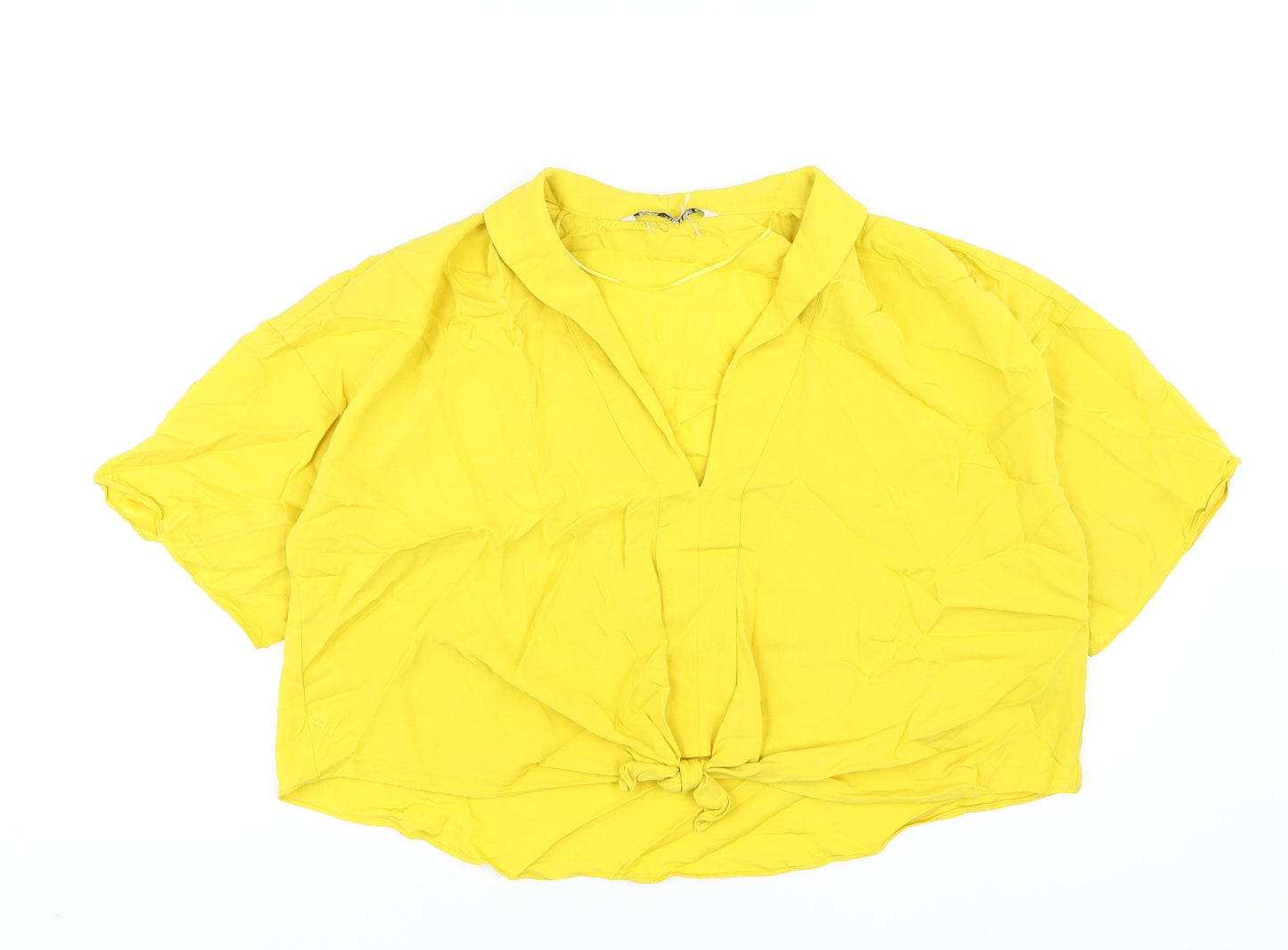 Zara Womens Yellow Viscose Basic T-Shirt Size M V-Neck